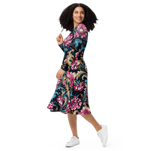 [Floral Bloom] Royal Flora Long Sleeve Midi Dress Dress The Hyper Culture