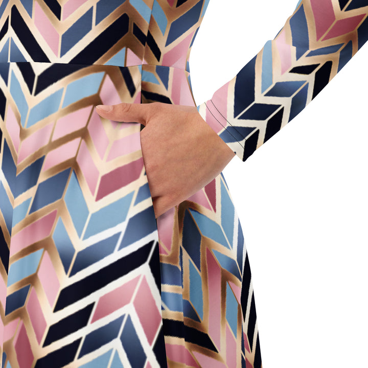 [GeoModa] Glit Fishbone Long Sleeve Midi Dress Dress The Hyper Culture