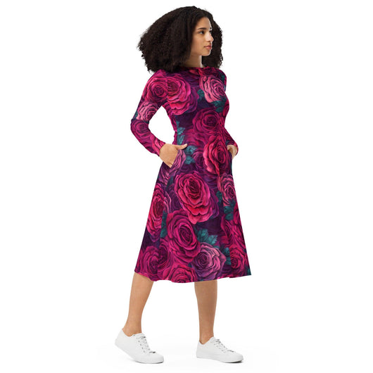 [Floral Bloom] Rose Long Sleeve Midi Dress Dress The Hyper Culture