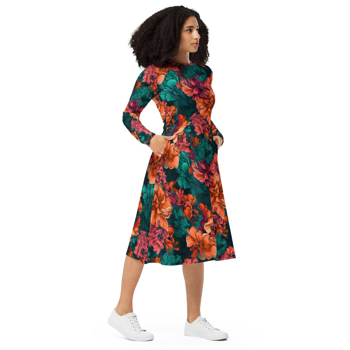 [Floral Bloom] Emerald Bliss Long Sleeve Midi Dress Dress The Hyper Culture