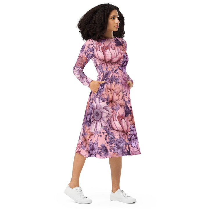 [Floral Bloom] Pink Bliss Long Sleeve Midi Dress Dress The Hyper Culture