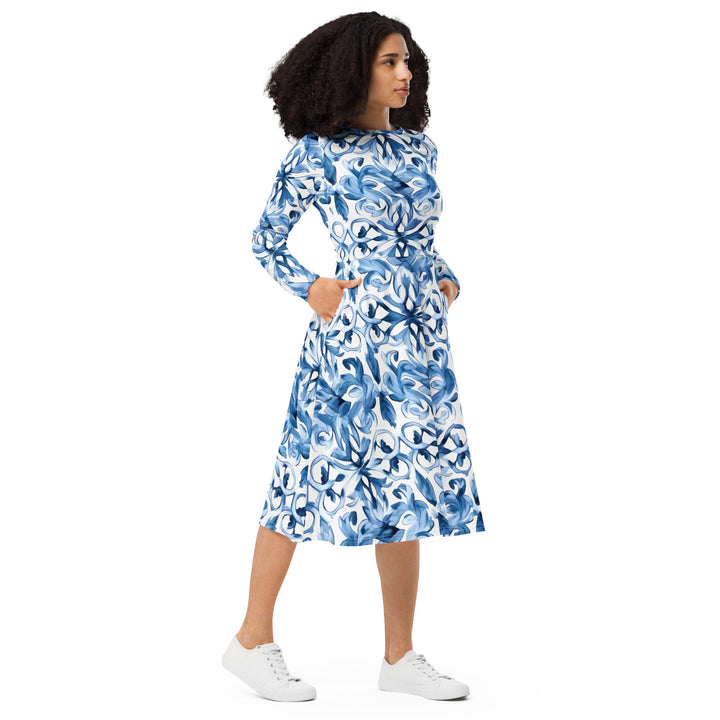 [Luxe Chic] Tapestry Blue Long Sleeve Midi Dress Dress The Hyper Culture