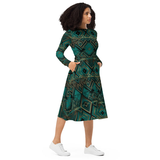 [Luxe Chic] Emerald Mirror Long Sleeve Midi Dress Dress The Hyper Culture