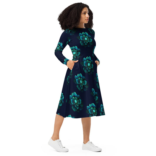 [Floral Bloom] Neon Flora Long Sleeve Midi Dress Dress The Hyper Culture