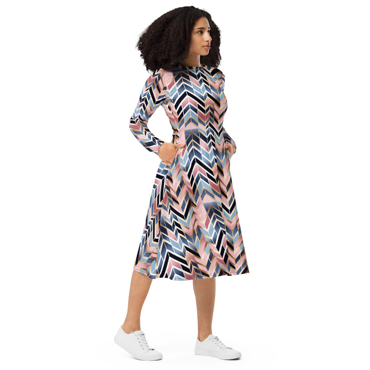 [GeoModa] Glit Fishbone Long Sleeve Midi Dress Dress The Hyper Culture