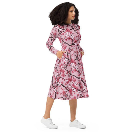 [Floral Bloom] Sakura Strings Long Sleeve Midi Dress Dress The Hyper Culture