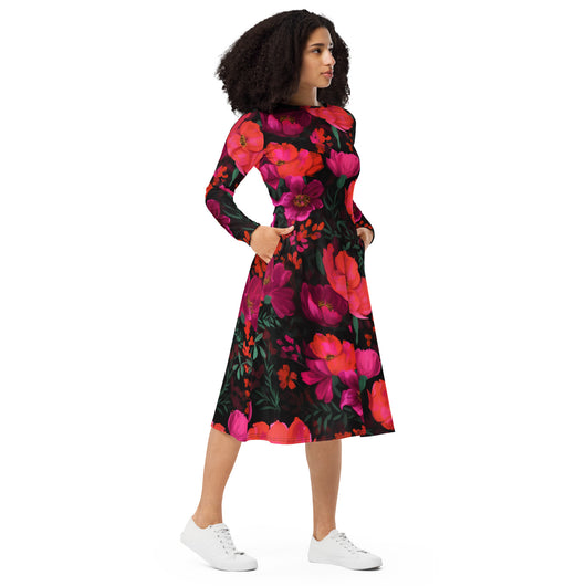 [Floral Bloom] Night Flora Long Sleeve Midi Dress Dress The Hyper Culture