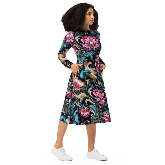[Floral Bloom] Royal Flora Long Sleeve Midi Dress Dress The Hyper Culture