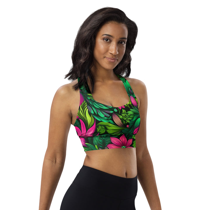 Plus Size Longline Compression Swim Bra Sports Bra - Floral