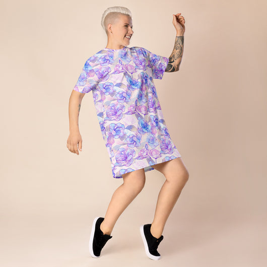 The Hyper Culture | Lilac Purple Floral Print T-shirt Dress