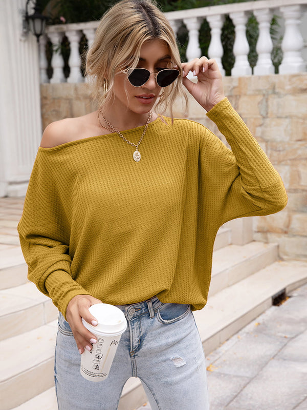 Ivy Lane Waffle-Knit Boat Neck Long Sleeve Top
