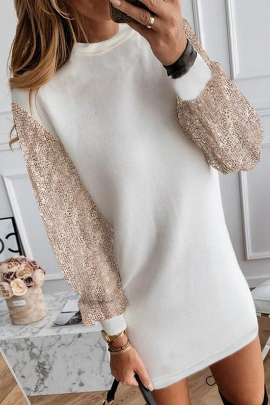 sparkly long sleeve round neck sequin mini dress Momyknows Sequin Sparkly Long Sleeve Belt Round Neck Photoshoot Formal Babyshower Maternity Mini Dress, Champagne / M