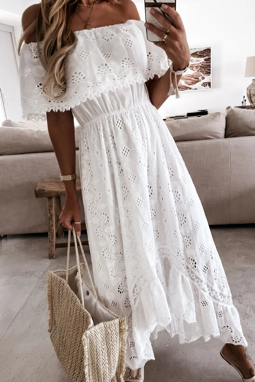 off the shoulder white eyelet dress White Off‑Shoulder Eyelet Lace Maxi Dress