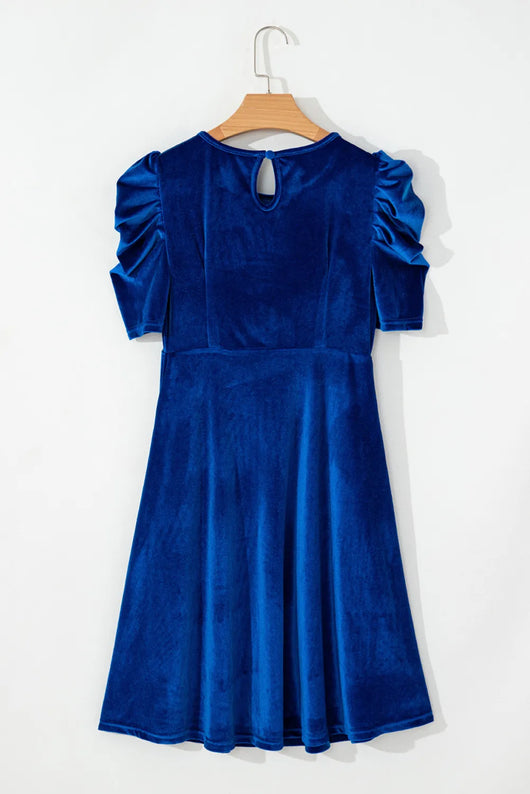 velvet puff sleeve dress - on a hanger with back view