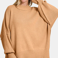 Zenana Camel Side Slit Oversized Sweater for Women | The