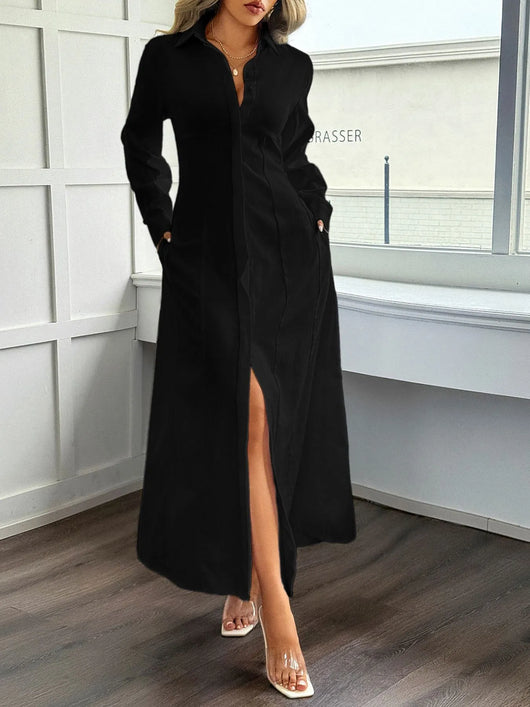 black maxi shirt dress Slit Long Sleeve Maxi Shirt Dress – The Hyper Culture