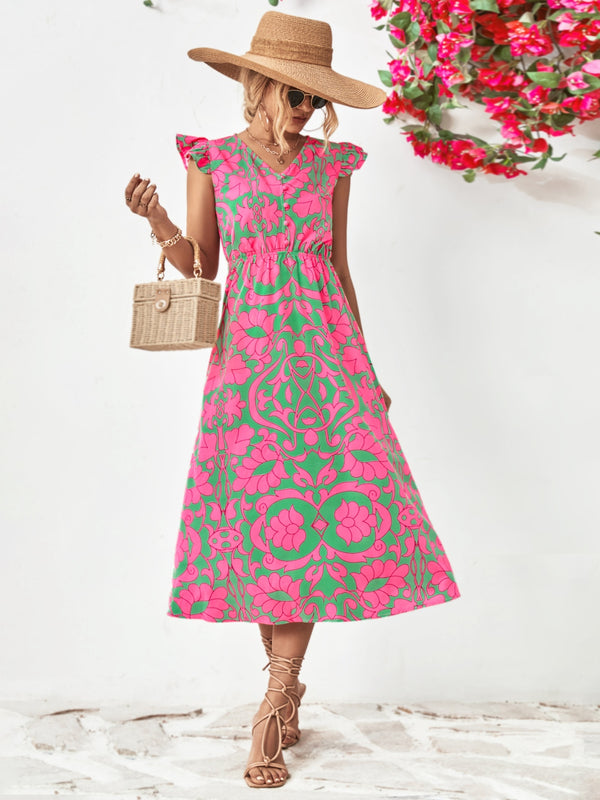 Floral Printed V-Neck Cap Sleeve Dress