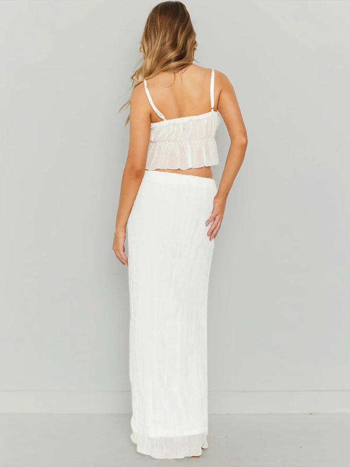 white top and skirt set outfit, two-piece co-ord back view