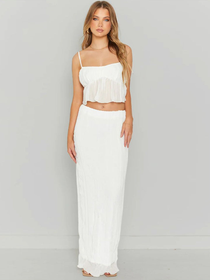 white top and skirt set with sleeveless crop and ruched skirt